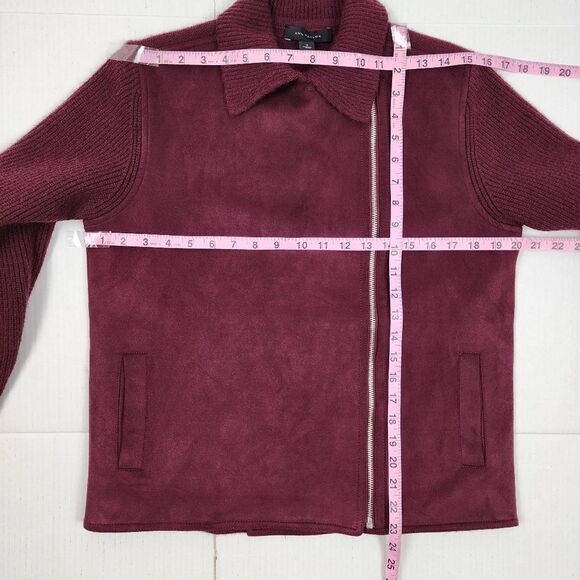 Ann Taylor Moto Jacket Faux Suede Knit Zip Sweater Burgundy Size M - Picture 7 of 14